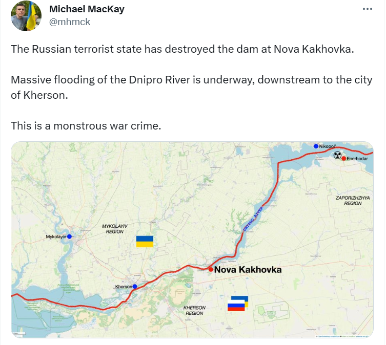 對於這起事件，大多數網友都認為，俄羅斯就是幕後黑手，為阻攔烏軍行動而毀壞大壩。   圖：翻攝自Michael MacKay推特