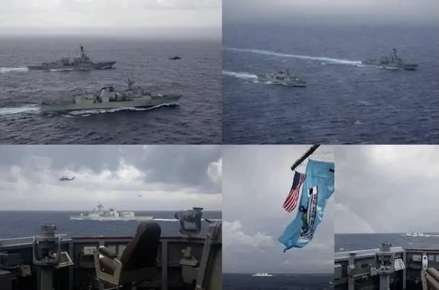 美加軍艦在海上與中國驅逐艦槓上，美中驅逐艦最近距離僅137米，一度瀕臨碰撞風險，雙方海空對峙甚至還派出直升機。   圖：翻攝自騰訊網