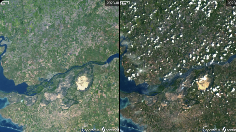 衛星照顯示，在新卡科夫卡水壩遭炸毀後，第聶伯河下游水位大幅度上升，有淹沒附近土地之勢。   圖：翻攝自「Def Mon」推特