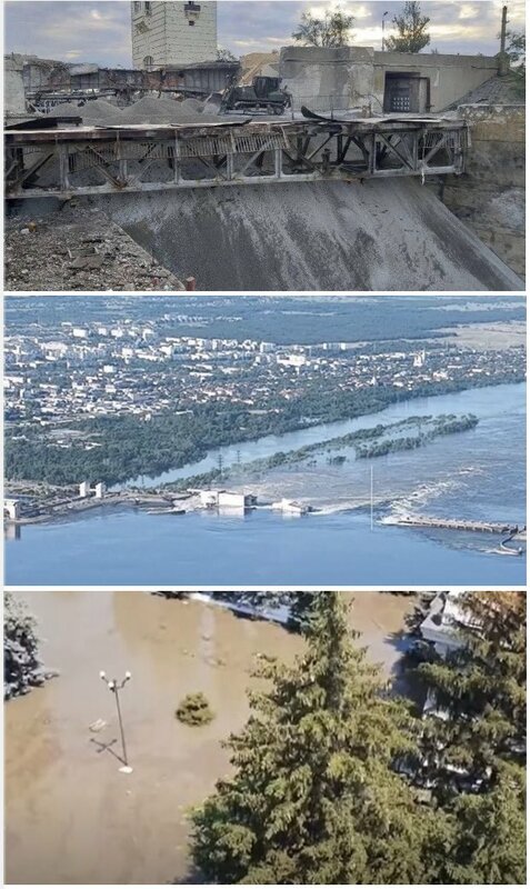 新卡科夫卡水壩決堤，導致多地遭洪水淹沒。   圖：翻攝自「Oleksii Reznikov」推特