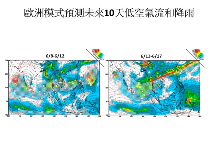 歐洲模式預測未來10天低空氣流和降雨。   圖：翻攝自賈新興YT頻道