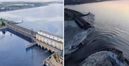 7日，位於烏克蘭赫爾松地區的新卡霍夫卡大壩決堤。圖為決堤和結構崩壞後的對比。   圖：翻攝自新浪