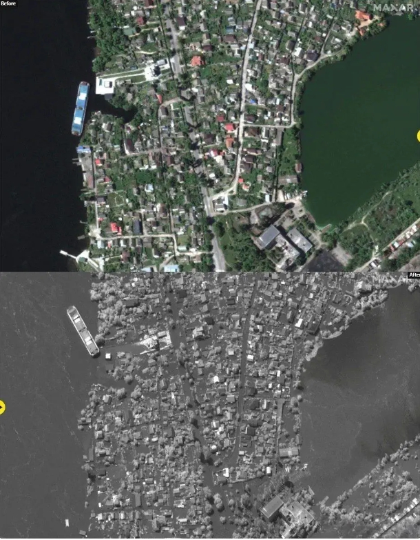 烏克蘭南部赫爾松（俄控區）的卡霍夫卡水電站大壩 6 日突然被炸毀，造成下游大淹水，許多居民被迫撤離。上圖為淹水前，下圖為淹水後比對。   圖 : 翻攝自MAXAR衛星