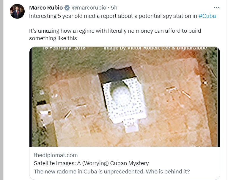 美國聯邦參議員盧比歐在推特轉貼《外交家》雜誌2018年6月報導，指出2018年2月與5月的衛星圖像顯示，古巴貝胡卡爾附近的訊號情報基地新蓋了天線罩。   圖：翻攝自盧比歐推特