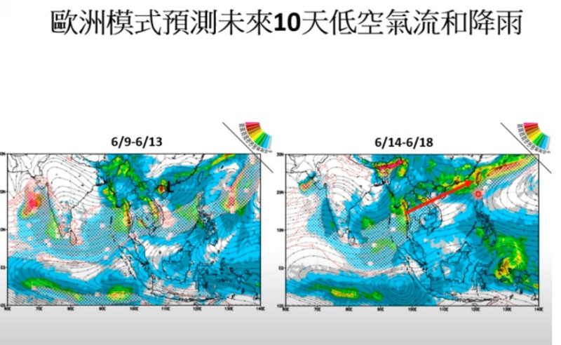 未來十天的低空氣流和降雨趨勢。   圖：取自賈新興臉書