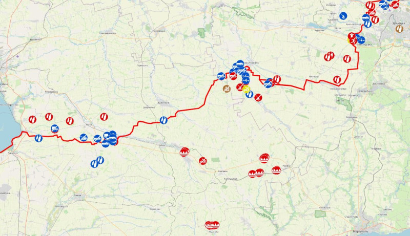 烏軍自 8 日起對札波羅熱前線發動反擊且已公開的所有地點。   圖：翻攝自推特用戶「GeoComfirmed」