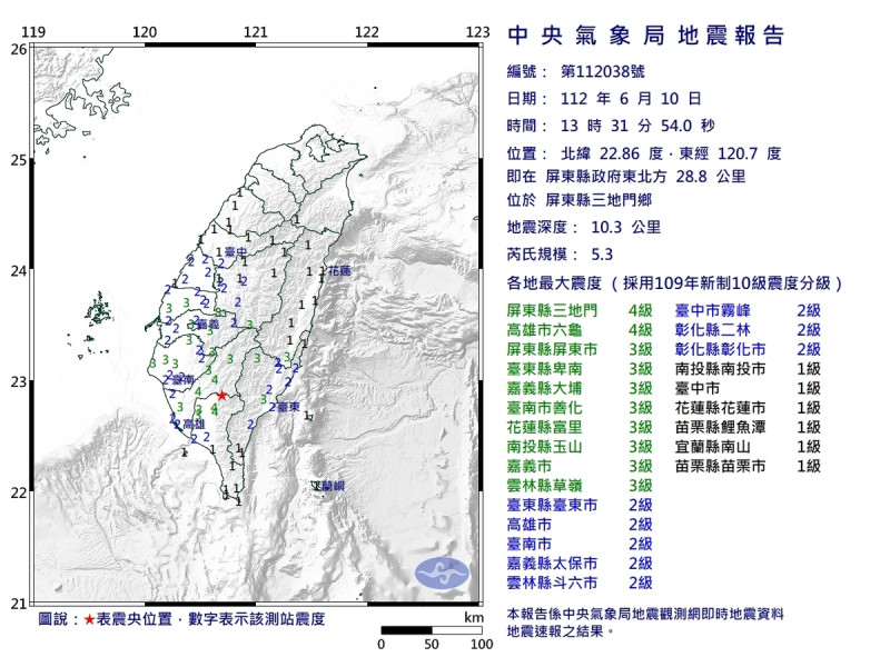 下午1時31分於屏東三地門鄉發生了規模5.3地震。   圖：中央氣象局／提供