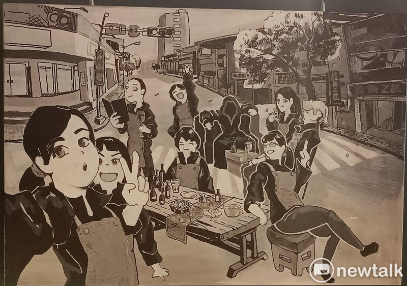 藝術家魏瑋廷的作品，真實呈現Dew在位置街景及饕客享受美食的情境。   圖：唐復年/攝