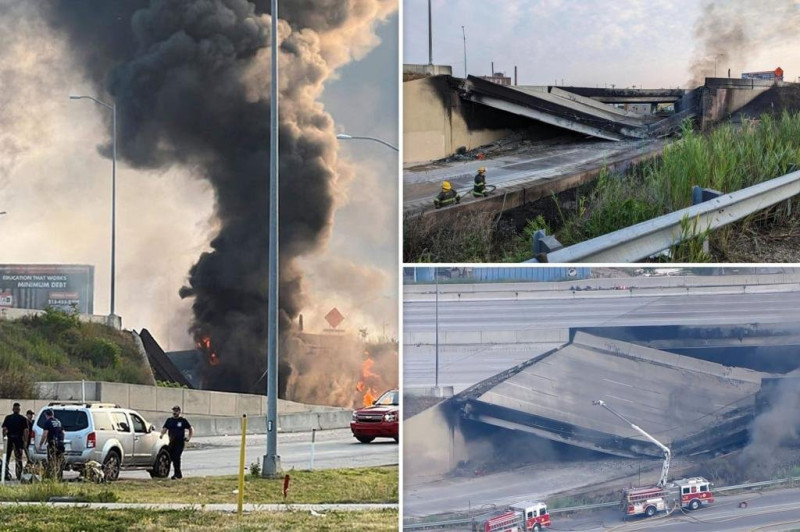 美國「95號洲際公路」賓州費城高架路段，傳出因載運汽油的油罐車在橋下「火燒車」，竟使得一截高架橋體坍塌。   圖：翻攝@REVMAXXING推特