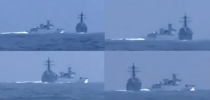 台海局勢越來越緊張，解放軍艦蘇州號日前在台海「鬼切」差點與美國軍艦鍾雲號相撞。   圖 : 翻攝自騰訊網
