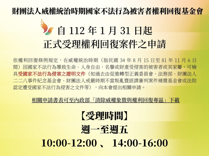 財團法人威權統治時期國家不法行為被害者權利回復基金會舉行第1屆第6次董事及監察人會議，通過178件權利回復申請案，單件最高核發賠償金額為新台幣900萬元，總計賠償金額約為新台幣4億5312萬元。   圖：擷自權利回復基金會臉書