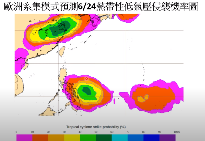 菲律賓東方海面有熱帶性低氣壓生成的機率，大約5、6成，可能通過呂宋島及南海北邊。   圖：取自賈新興YT頻道