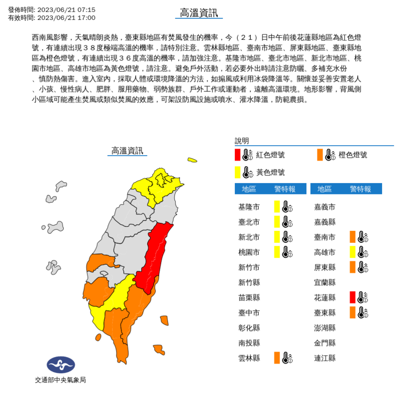 今天中午前後，花蓮縣將連續出現攝氏38度極端高溫，而包括雲林縣、台南市、屏東縣與台東縣，也有連續出現36度高溫機率，請加強注意。   圖：中央氣象局／提供