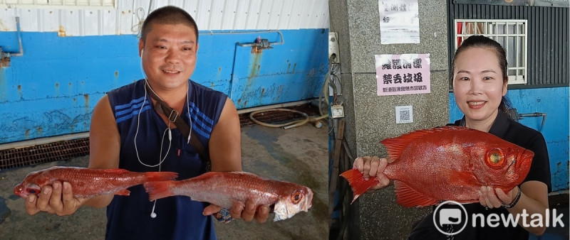 在扇功漁港可以挑選到最肥美的名魚種，左為紅喉，右為紅目鰱。   唐復年/攝