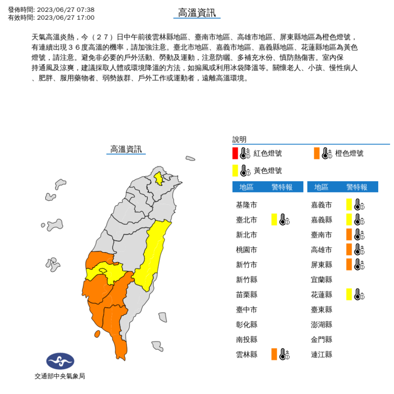 氣象局對8線市發布高溫特報。   圖：取自中央氣象局網站