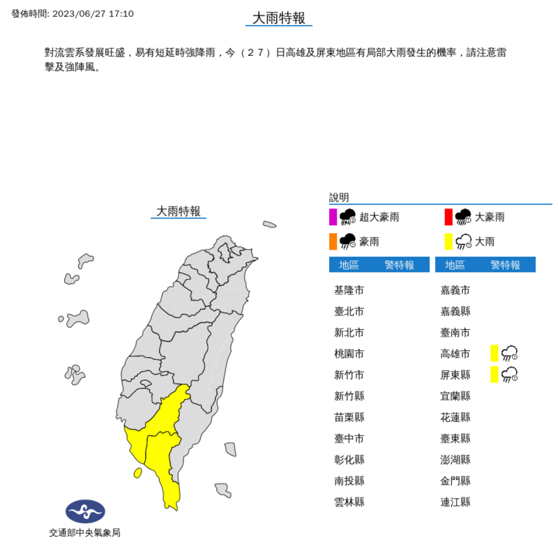 氣象局對高屏地區發布大雨特報。   圖：取自中央氣象局網站