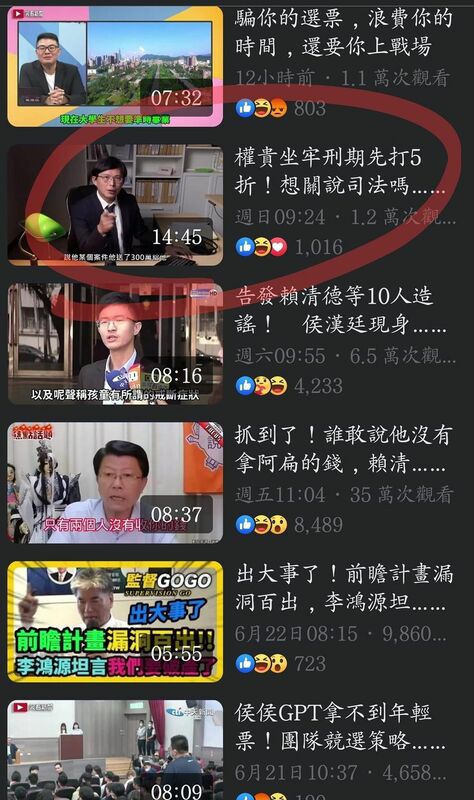 沈姓網友觀看了「政知局」臉書粉專的各式影片，圈住黃國昌的高人氣，直指「国蔥老師應該真的是政知局捧的新人了」。   圖：翻攝自沈姓網友臉書