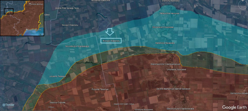 烏軍成功收復頓涅茨克西部小鎮瑞夫諾皮爾（Rivnopil）。   圖片翻攝自推特@Tendar