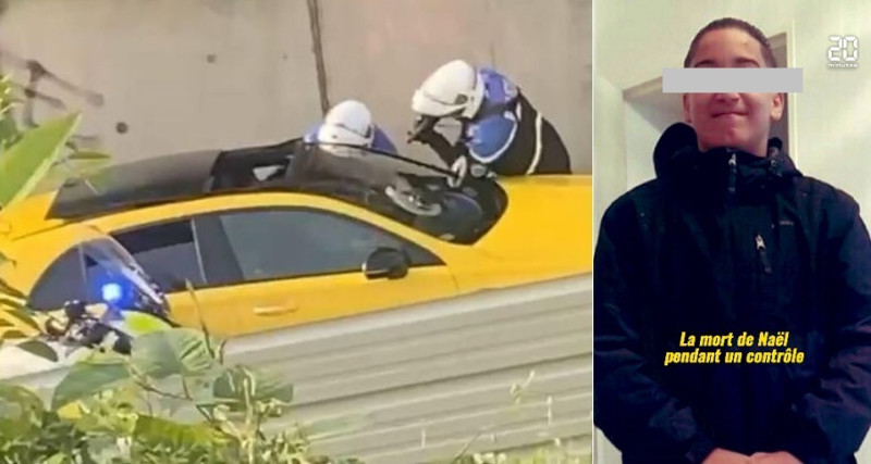 法國17歲的非裔青少年奈爾（右圖）在當地時間27日上午開車時，遭到員警盤查（左圖），因為拒絕服從，被其中1名警察射殺。   圖：翻攝自20 Minutes、Libération臉書／新頭殼合成