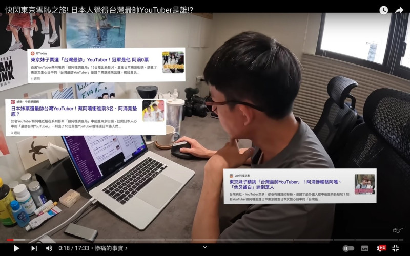 阿滴在蔡阿嘎舉辦的「最帥YouTuber」活動中排名墊底。   圖：翻攝自阿滴英文YT頻道