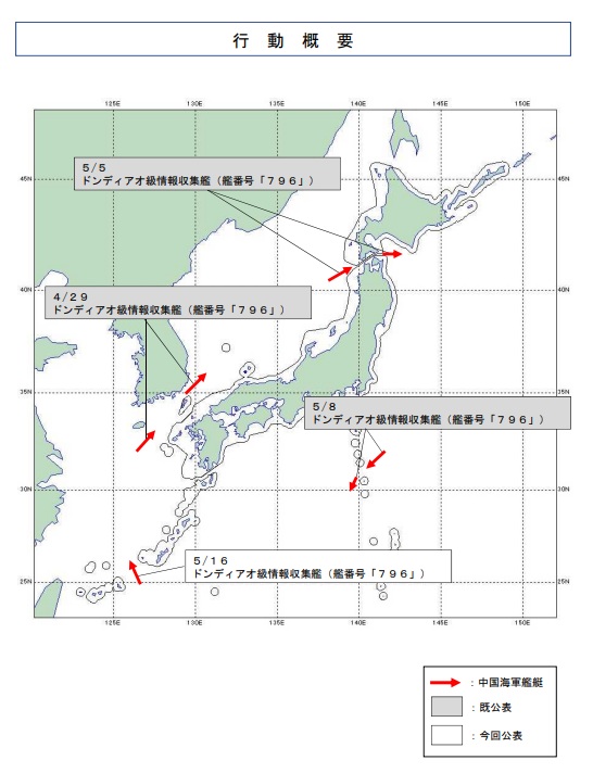 解放軍4月底才派出815A型電子偵察艦「開陽星號(舷號796)」，從對馬海峽進入，繞行全日本主島一圈，5月16日才從宮古海峽進入返回東海。   圖：翻攝mod.go.jp官網