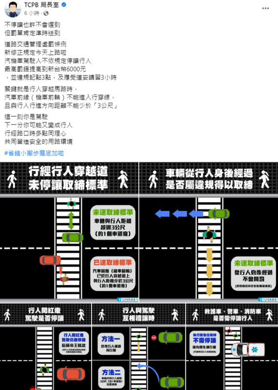 台中市警局臉書粉專《TCPB局長室》也特別製作易懂圖表提醒用路人。   圖：翻攝自TCPB局長室臉書