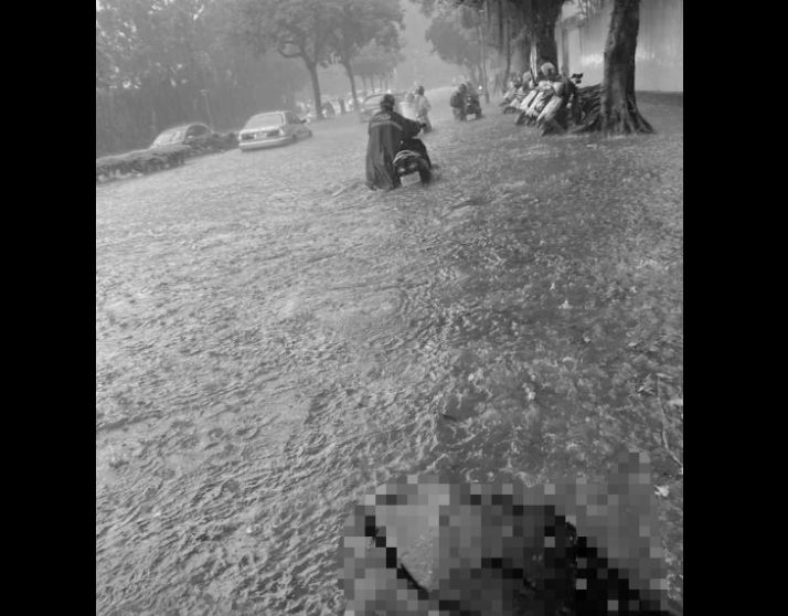 台北市各地陸續傳出淹水災情，北安路及明水路附近淹水狀況相當嚴重，機車騎士只能牽著機車前進，大直橋上也塞車。   圖／翻攝住內湖真好臉書