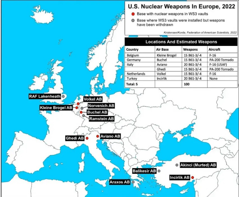 美國 2022 年在歐洲各空軍基地部署核武器分佈情況。   圖片來源自騰訊網