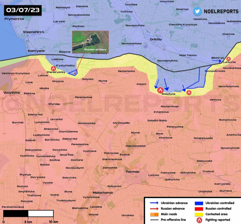 烏軍在扎波羅熱皮亞蒂哈特基（Pyatykhatky）和羅博季涅打出破口。 圖：翻攝自推特帳號「NOELreports」