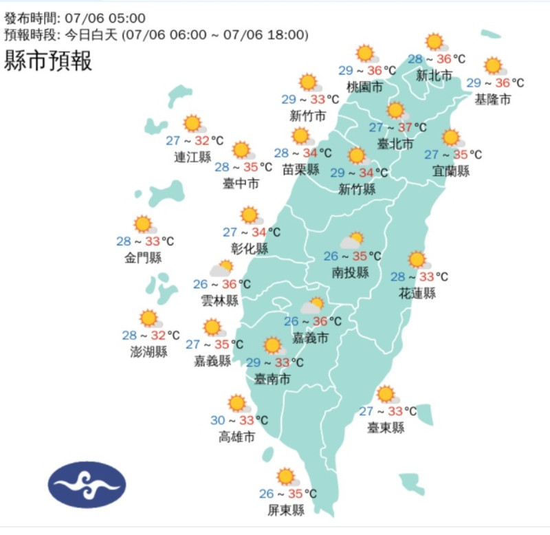 今天上午，全台平均氣溫將持續飆升，從北到南，都在攝氏29度左右，到了白天，中北部普遍都將飆到36度、37度。   圖：翻攝自中央氣象局