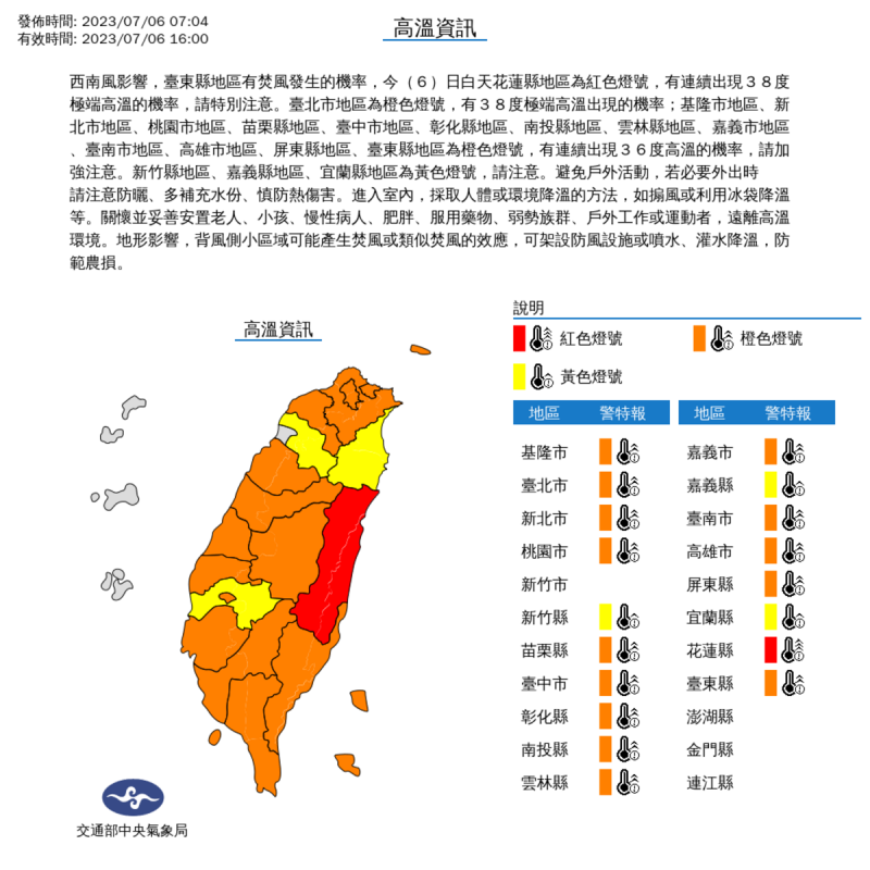 除了新竹市，與離島的澎湖、金門與馬祖外，今天全台18縣市都籠罩在高溫警戒範圍，台灣變成「烤番藷」。   圖：中央氣象局／提供