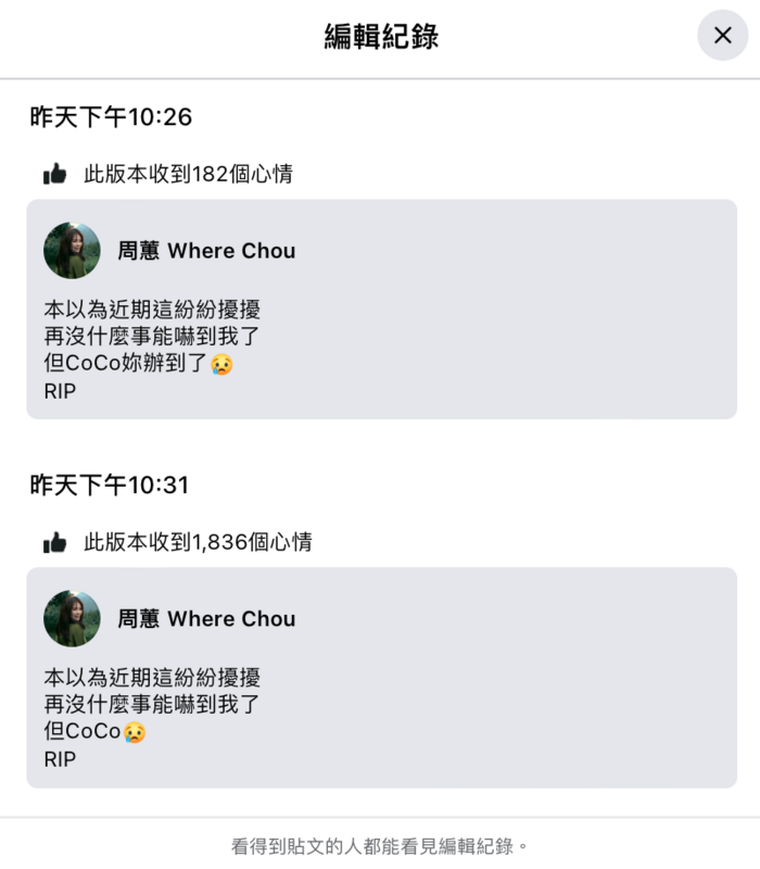 周蕙隨即道歉，並急忙將「CoCo妳辦到了」改成「但CoCo」配上哭臉表情符號。   圖：翻攝自FB/周蕙 Where Chou