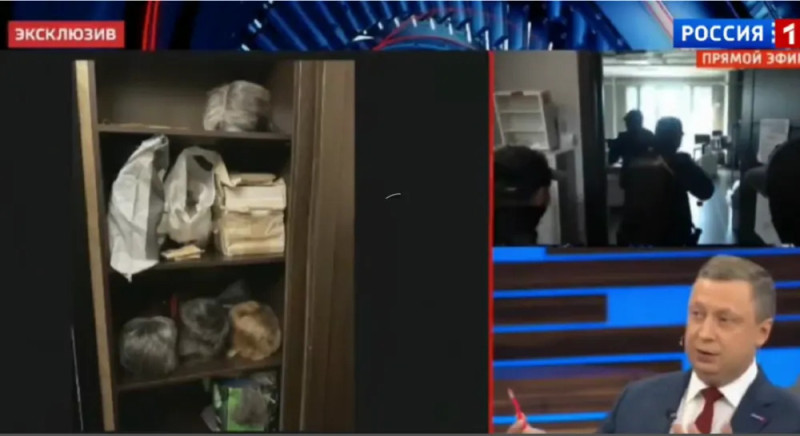 「俄羅斯1」電視臺播出執法部門搜查普里戈津在聖彼得堡住所和辦公室的畫面。 圖：翻攝自環球網