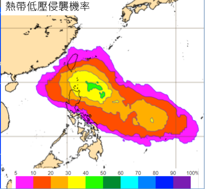 根據最新歐洲系集模式，模擬13日20時「熱帶低壓」的侵襲機率圖顯示，呂宋島東側約50%，台灣附近機率約20%以下。   圖：翻攝自老大洩天機專欄
