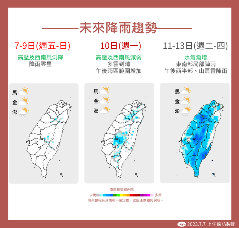 未來一週降雨趨勢。   圖：中央氣象局／提供