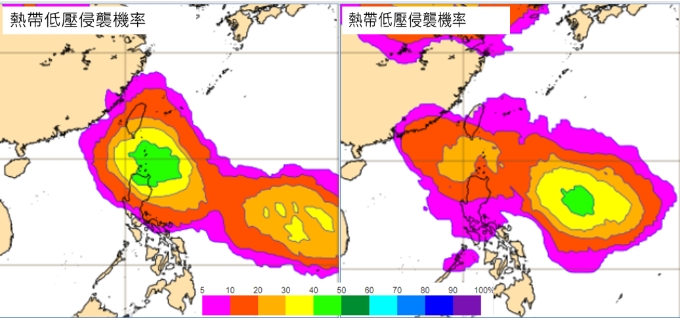 最新歐洲模式系集模擬，下週四熱帶低壓的侵襲機率圖顯示(左圖)，呂宋島東北的最大值約50%，台灣的機率則約在30%以下；下週六另一熱帶低壓侵襲機率圖(右圖)顯示，菲律賓東方另有一高值約50%，台灣的機率則仍在20%以下。   圖/取自「三立準氣象.老大洩天機」專欄