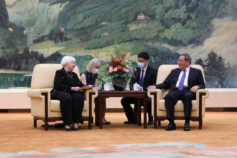 美國財政部長葉倫（Janet Yellen）訪中，7日下午與中國國務院總理李強會晤。   圖:翻攝自美國駐華大使館微博