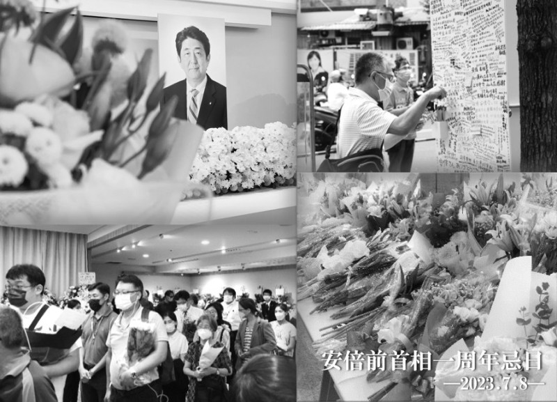 日本前首相安倍晉三遇刺身亡一週年，大批民眾前往事發地獻花悼念、追思，場面哀悽。   圖：日本台灣交流協會