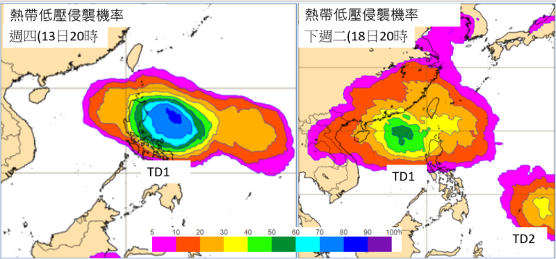 呂宋島東方的熱帶擾動最大值高達90%(左圖)；通過巴士海峽機率逐漸下降，進入南海再降至60%，台灣的機率則一直在40%以下(右圖)。另一「熱帶低壓」還在菲律賓東方海面，機率為40%(右圖)。   圖：翻攝自老大洩天機專欄