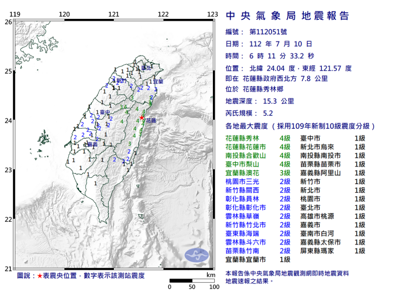 今(10)日清晨發生規模5.2的地震。   圖：翻攝自中央氣象局官網