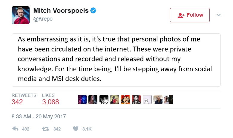 Krepo在推特上表示：「雖然這真的很尷尬，但是那些在網路上流傳的私密照片與影片確實是我的，但那些都是我個人私下與別人的對話，而我對於這些會被錄下來並且傳開去完全不知情，但從現在開始，我將告別社交媒體以及MSI的分析台。」   圖：翻攝自 Mitch Voorspoels 個人推特