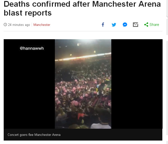 美國歌手亞莉安娜22日晚在英國曼徹斯特體育館演唱會，傳出爆炸事件，歌迷驚恐逃生。   圖：翻攝BBC/hannawwh推特影片