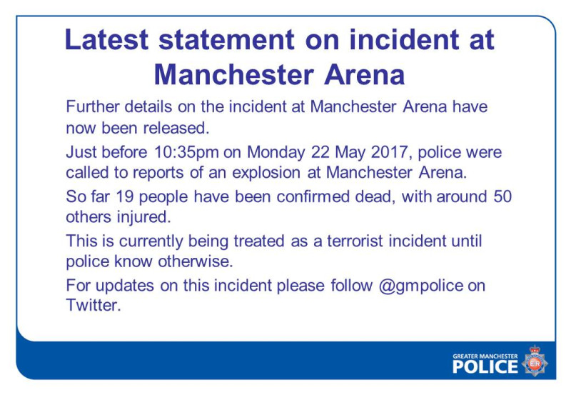 英國大曼徹斯特警察局在推特上發出聲明，證實已經至少有19人死亡、約50人受傷，警方也已經朝恐怖攻擊方向偵辦。   圖：翻攝大曼徹斯特警察局推特