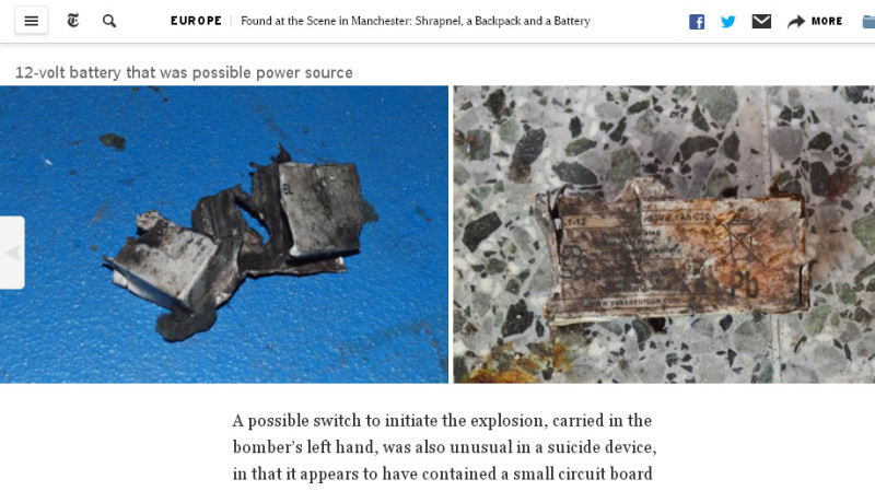 《紐約時報》獨家報導，在曼徹斯特爆炸案現場找到疑似炸彈的電池與電路板，而當時炸彈掌握在兇嫌的左手裡。   圖：翻攝《紐約時報》