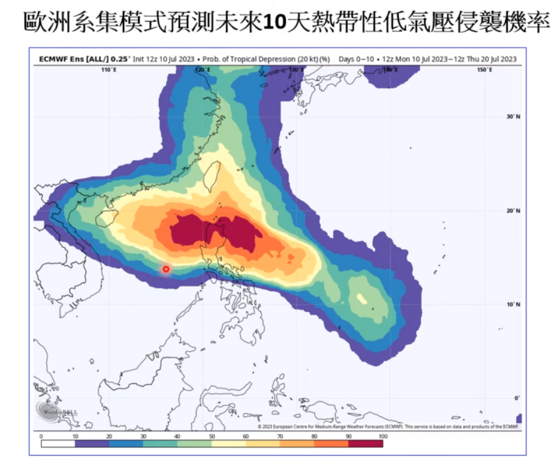 位於菲律賓外海的熱帶擾動，約在15、16日經過呂宋島陸地至南海後，就有可能形成熱帶性低氣壓。   圖：取自賈新興臉書