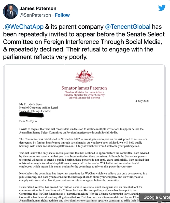 澳洲參議員帕特森批評，騰訊除了藐視澳洲的法律外，此舉對公司本身也會造成相當負面的影響。   圖：擷取自推特@SenPaterson