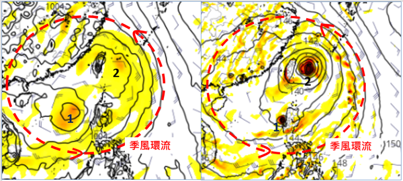 菲律賓、台灣東方海面至南海一帶，為大「季風低壓環流(紅虛圓)」(mosoon gyre)所盤據，其中有2個熱帶擾動發展；但兩模式模擬的強度有很大差異。   圖：翻攝自老大洩天機專欄