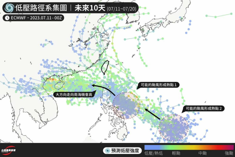 目前位於南方有2個可能形成颱風的熱點，預測將走向西北。   圖：取自台灣颱風論壇臉書