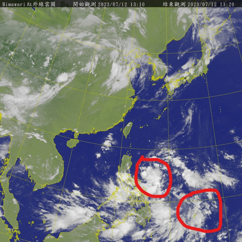 目前已經可以在南邊看到可能形成颱風的2個熱點，兩個低壓帶一前一後，在前面的預計最快週末就會影響台灣。   圖：取自中央氣象局網站