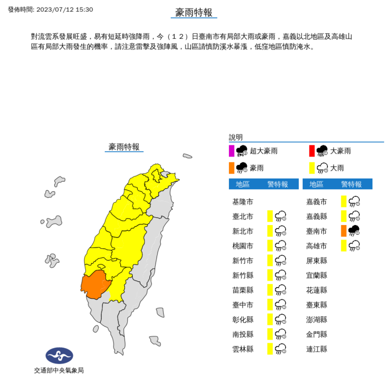 象局持續對14縣市發布大雨特報，今日台南以北地區及高雄山區有局部大雨發生的機率。   圖：取自中央氣象局網站